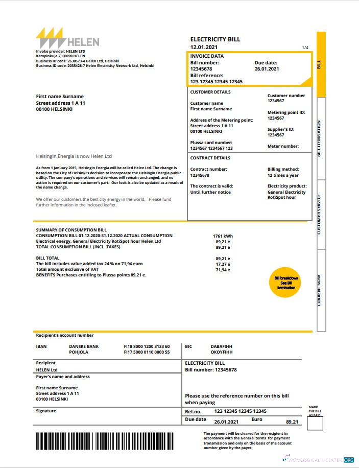download download Finland HELEN utility bill template in Word and PDF format PDF template PDF template